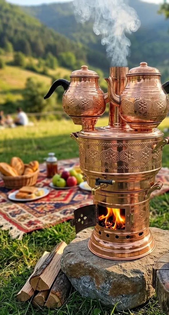 Bahçede odunla yakılmış çift demlikli bakır semaver