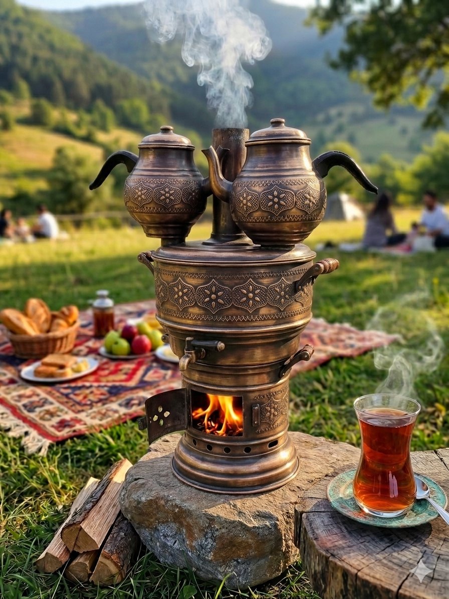 Bakır Semaver 10 Litre – Çift Demlikli, Odunlu – fotoğraf 2